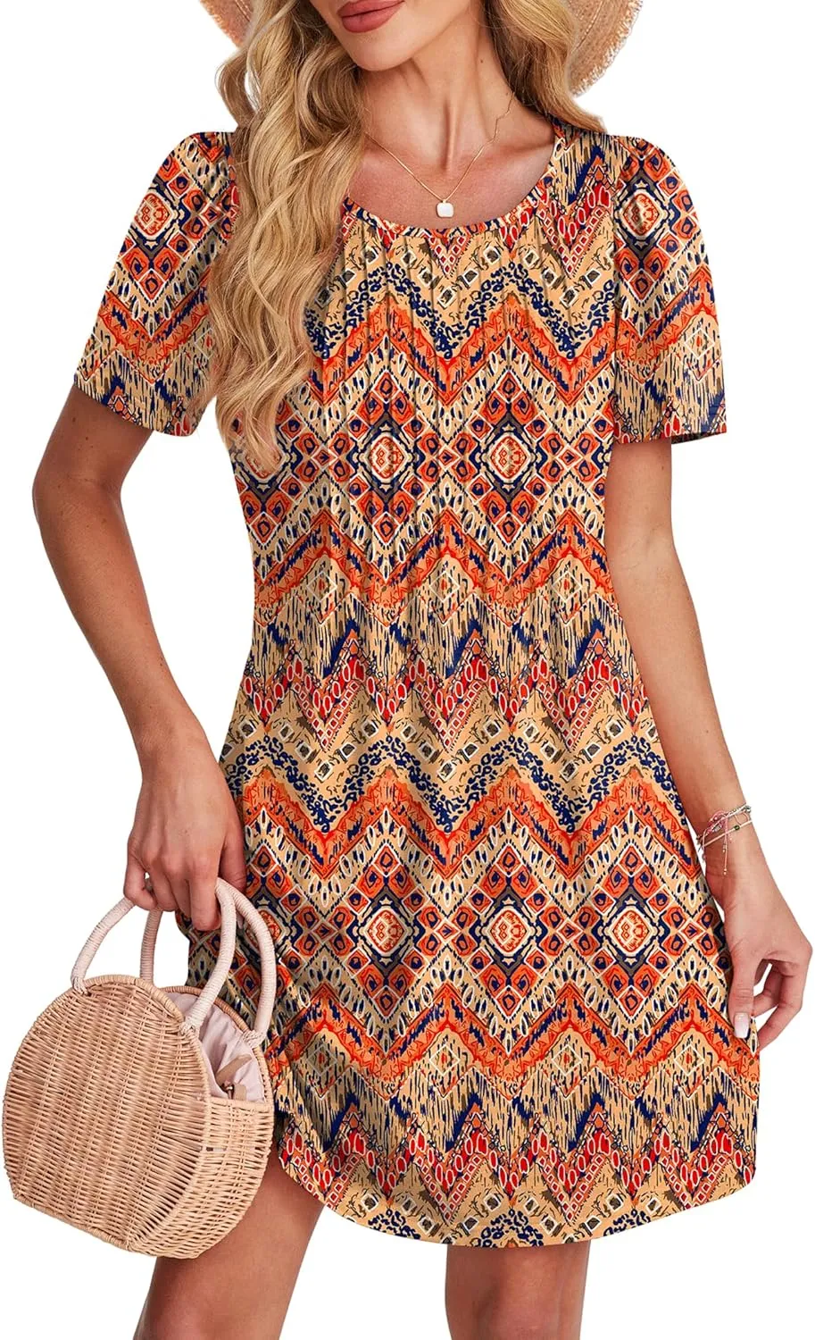 SAMPEEL Womens Pleated Front Summer Dresses Casual Short Sleeve T Shirts Dress with Pockets Vacation Beach Cover Up