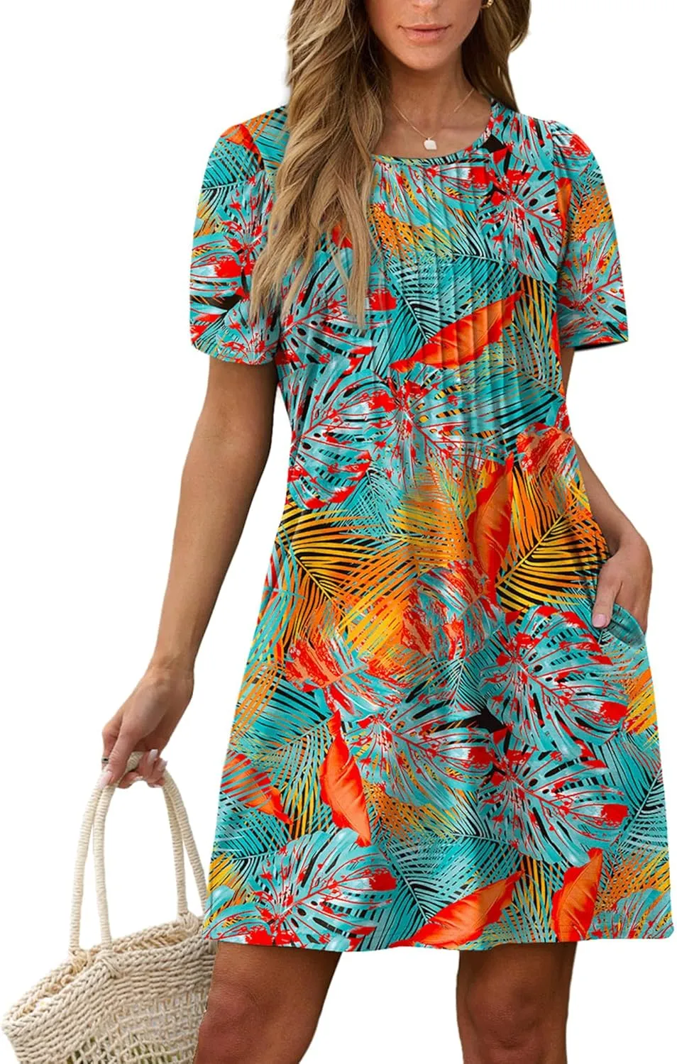 SAMPEEL Womens Pleated Front Summer Dresses Casual Short Sleeve T Shirts Dress with Pockets Vacation Beach Cover Up