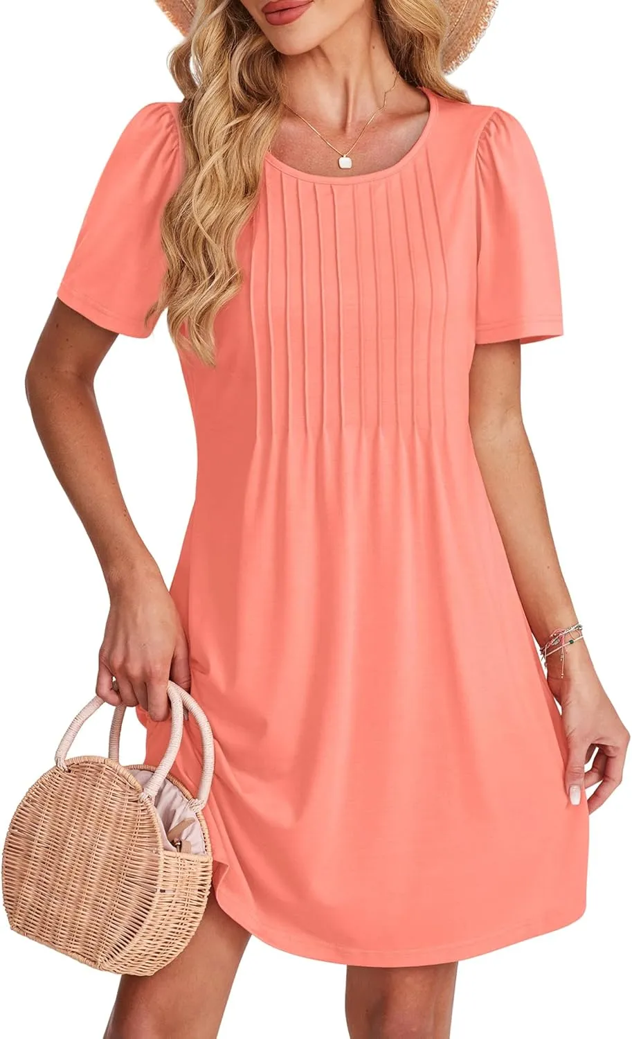 SAMPEEL Womens Pleated Front Summer Dresses Casual Short Sleeve T Shirts Dress with Pockets Vacation Beach Cover Up