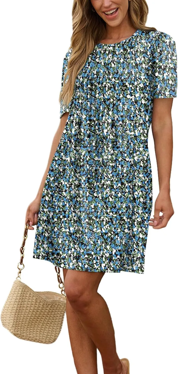 SAMPEEL Womens Pleated Front Summer Dresses Casual Short Sleeve T Shirts Dress with Pockets Vacation Beach Cover Up