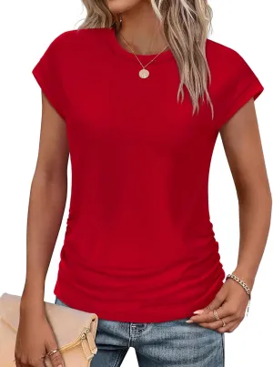 SAMPEEL Womens Summer Tops Trendy 2025 Ruched Cap Short Sleeve Tshirts Shirts Crew Neck T Shirts Fashion