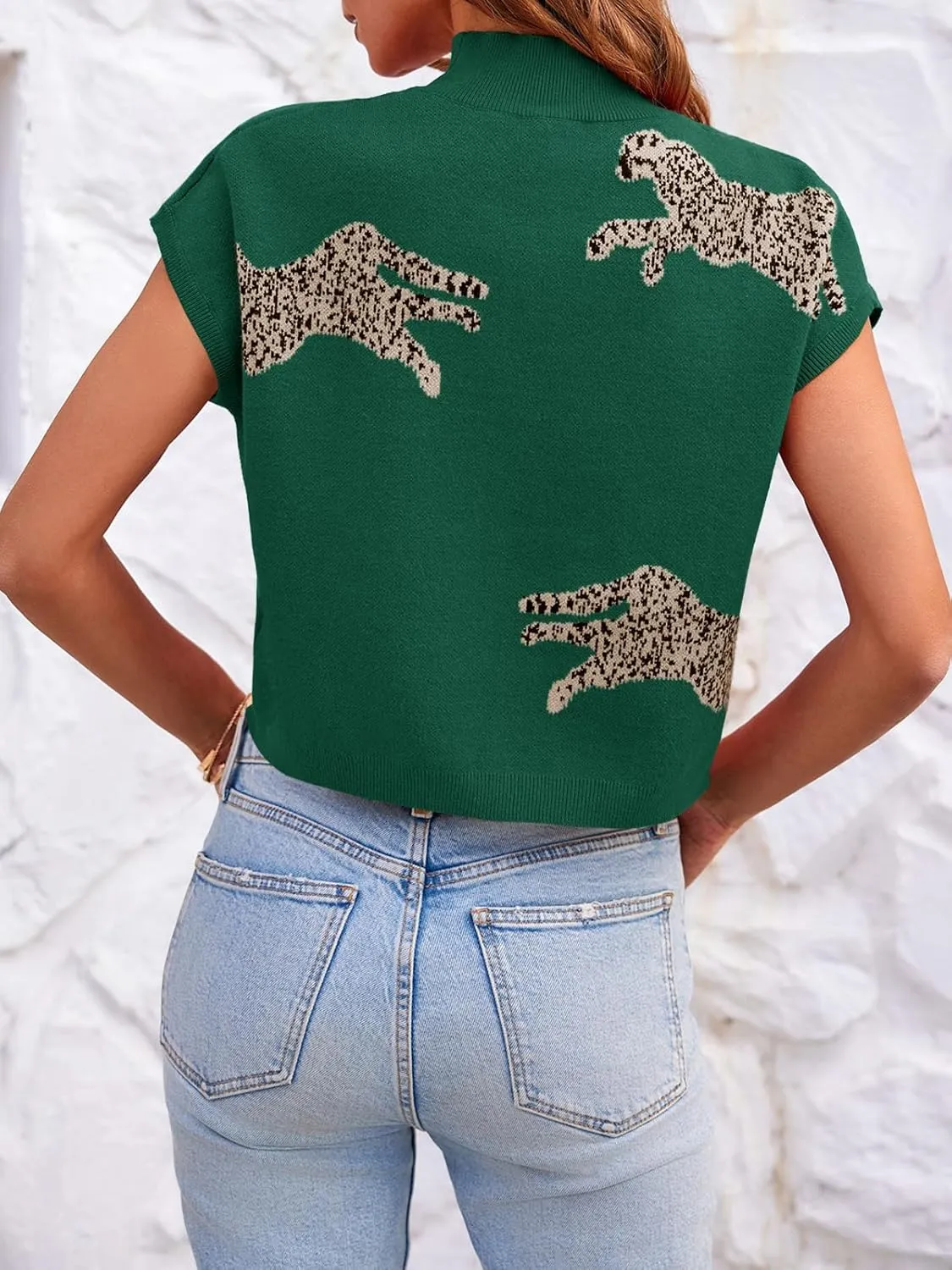 Saodimallsu Womens Mock Neck Sleeveless Sweater Vest Leopard Print Cap Sleeve Casual Loose Knit Crop Tops