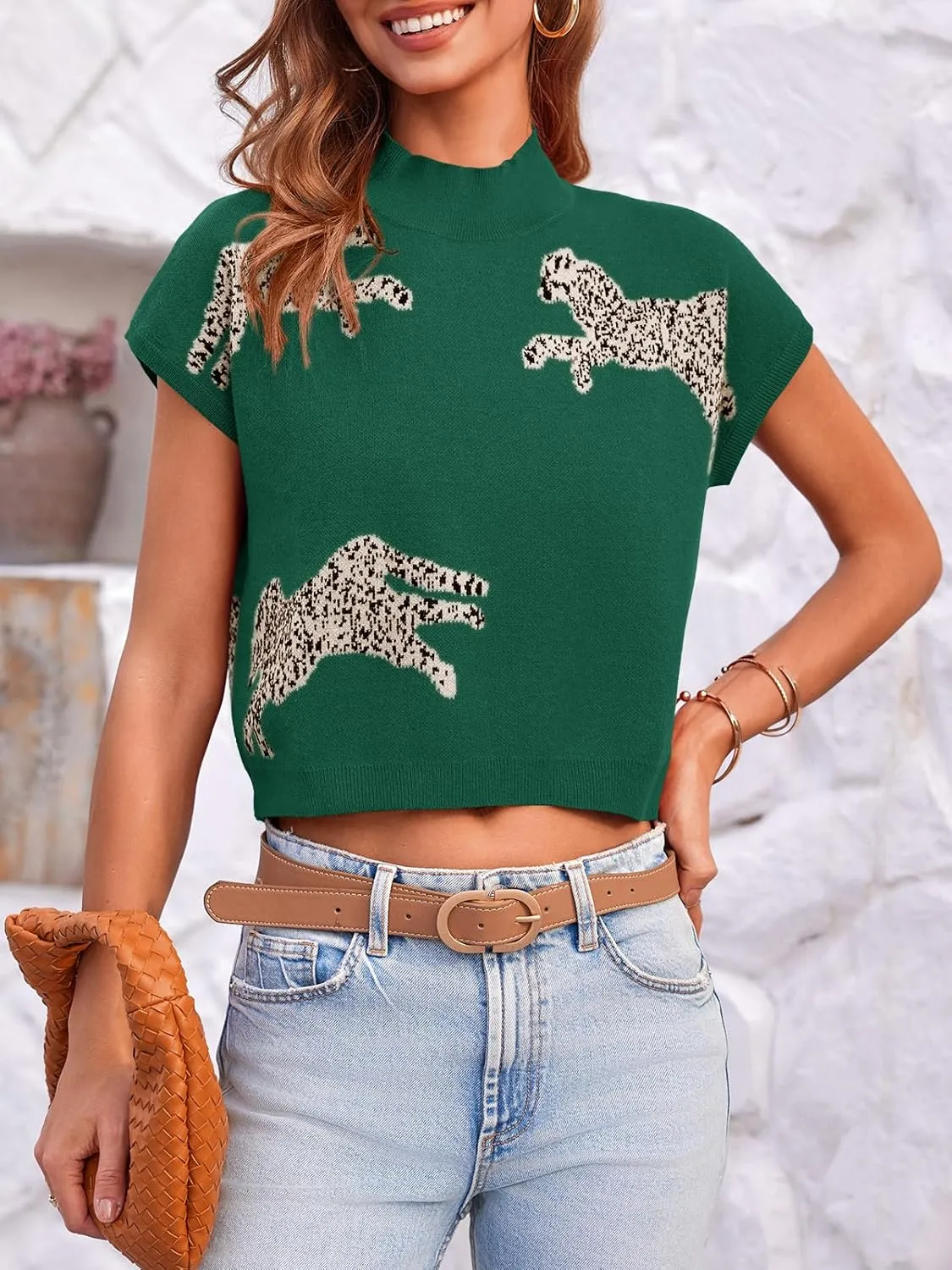 Saodimallsu Womens Mock Neck Sleeveless Sweater Vest Leopard Print Cap Sleeve Casual Loose Knit Crop Tops