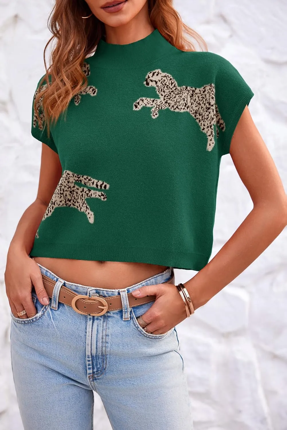 Saodimallsu Womens Mock Neck Sleeveless Sweater Vest Leopard Print Cap Sleeve Casual Loose Knit Crop Tops