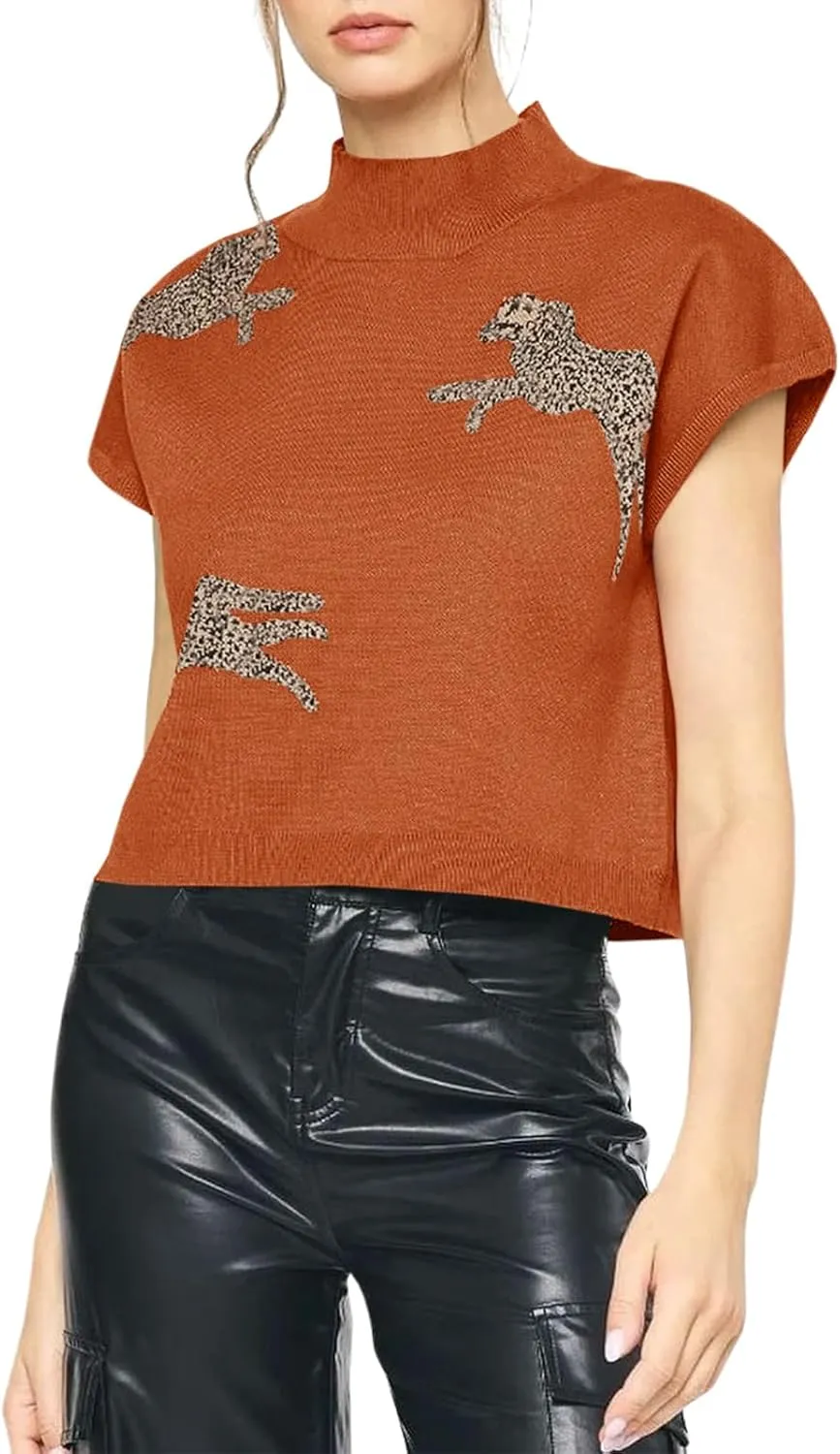 Saodimallsu Womens Mock Neck Sleeveless Sweater Vest Leopard Print Cap Sleeve Casual Loose Knit Crop Tops