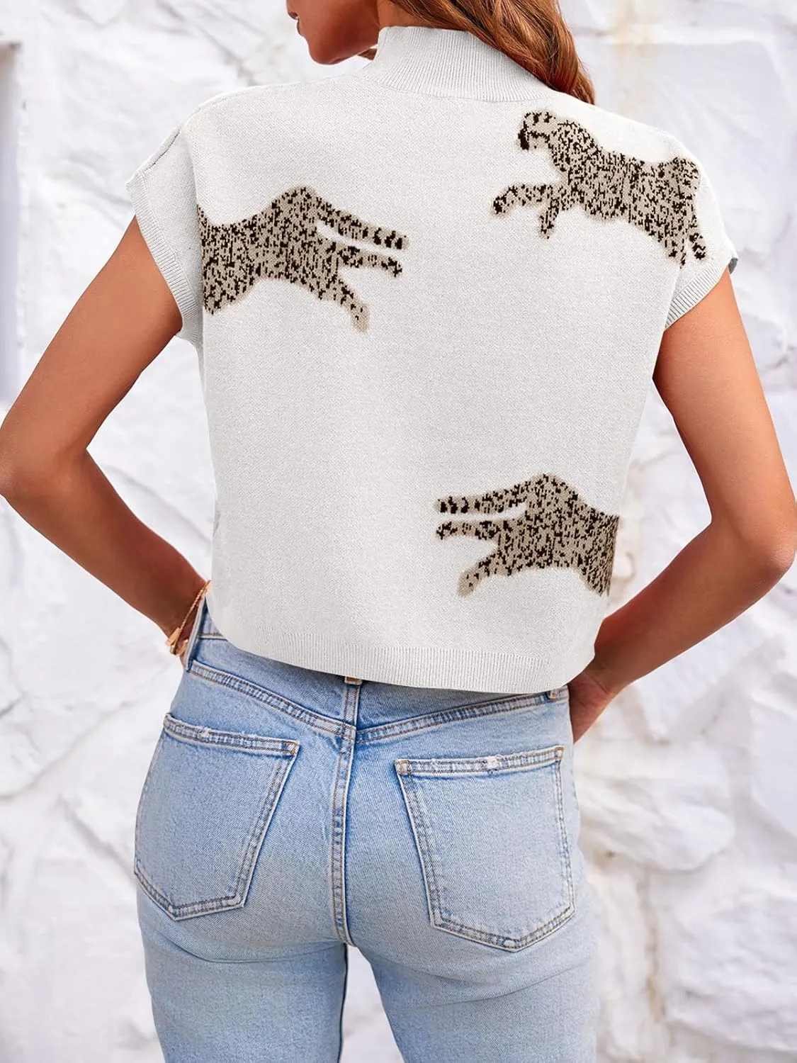 Saodimallsu Womens Mock Neck Sleeveless Sweater Vest Leopard Print Cap Sleeve Casual Loose Knit Crop Tops