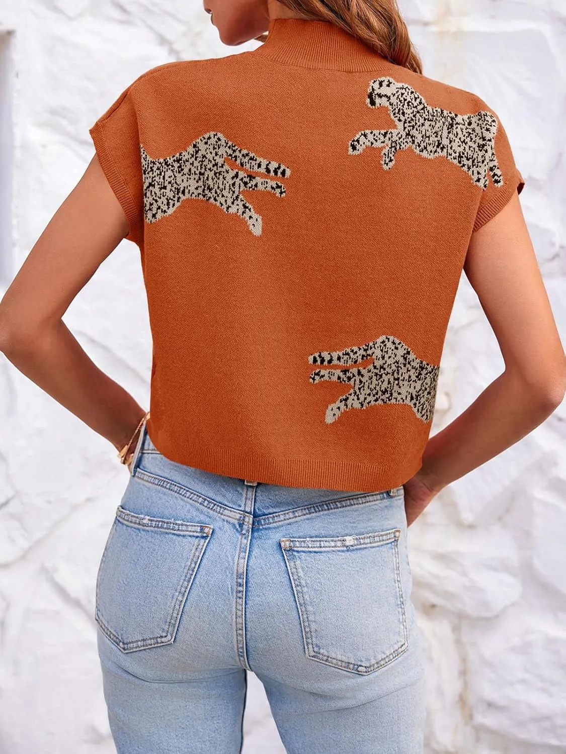 Saodimallsu Womens Mock Neck Sleeveless Sweater Vest Leopard Print Cap Sleeve Casual Loose Knit Crop Tops