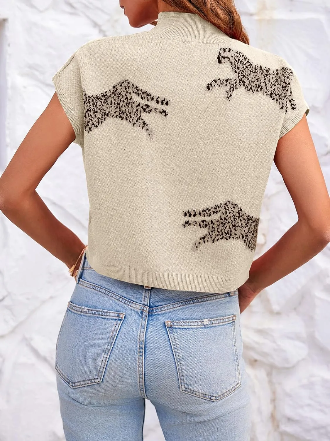 Saodimallsu Womens Mock Neck Sleeveless Sweater Vest Leopard Print Cap Sleeve Casual Loose Knit Crop Tops