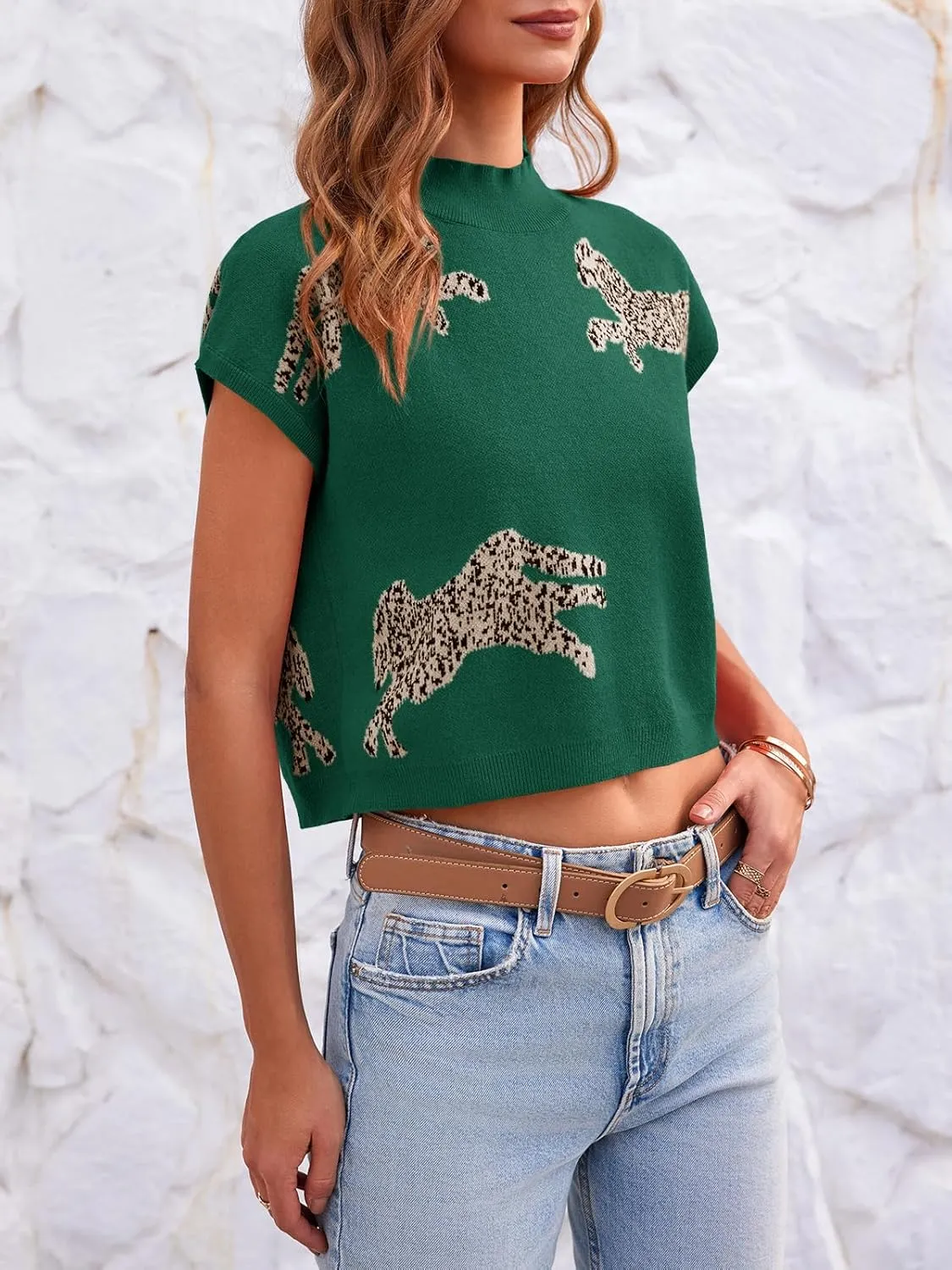 Saodimallsu Womens Mock Neck Sleeveless Sweater Vest Leopard Print Cap Sleeve Casual Loose Knit Crop Tops