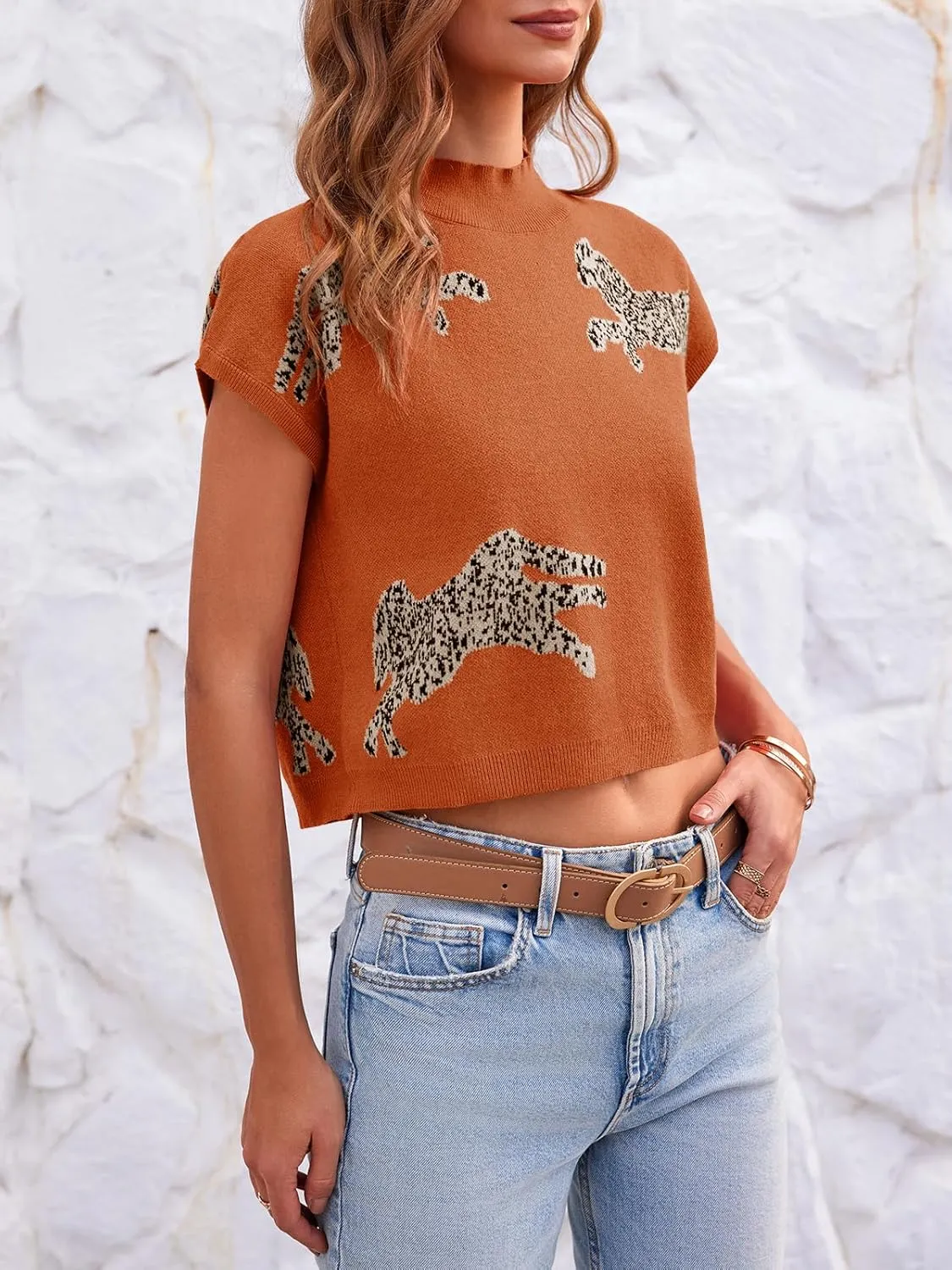 Saodimallsu Womens Mock Neck Sleeveless Sweater Vest Leopard Print Cap Sleeve Casual Loose Knit Crop Tops