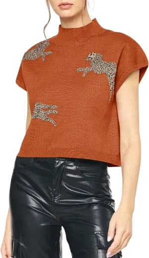 Saodimallsu Womens Mock Neck Sleeveless Sweater Vest Leopard Print Cap Sleeve Casual Loose Knit Crop Tops