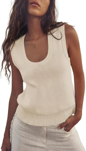 Saodimallsu Womens Summer Sweater Vest Sleeveless Ribbed Knit Tank Tops Going Out Casual Basic Scoop Neck Tshirt