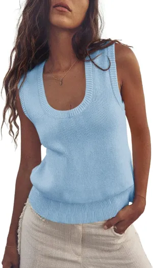 Saodimallsu Womens Summer Sweater Vest Sleeveless Ribbed Knit Tank Tops Going Out Casual Basic Scoop Neck Tshirt