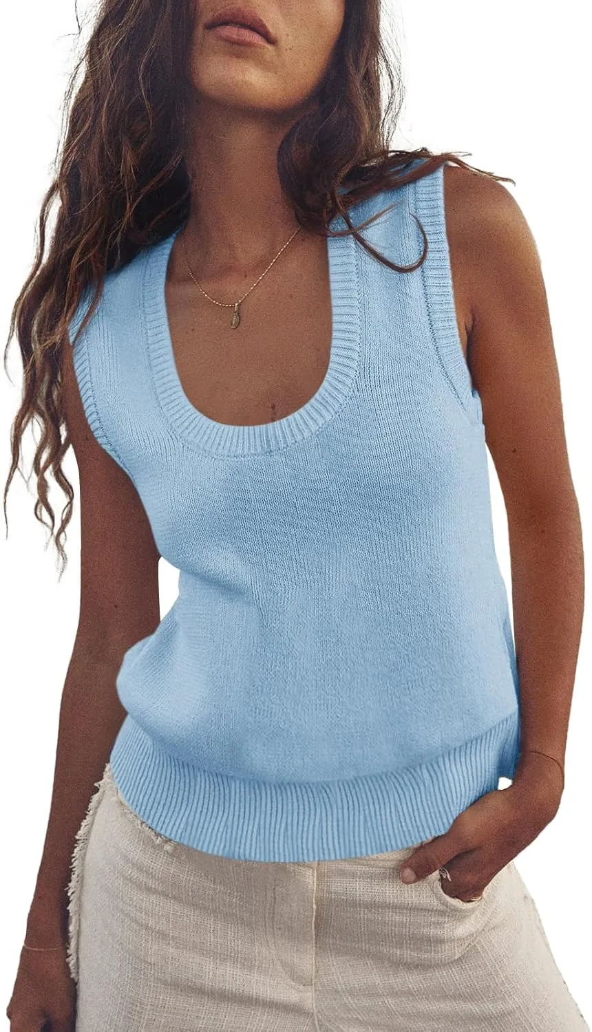 Saodimallsu Womens Summer Sweater Vest Sleeveless Ribbed Knit Tank Tops Going Out Casual Basic Scoop Neck Tshirt