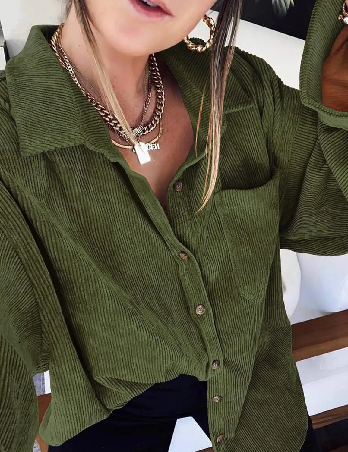 Saslax Womens Corduroy Shirt Long Sleeve Oversized Button Up V Neck Blouses Tops Loose Shacket Jacket