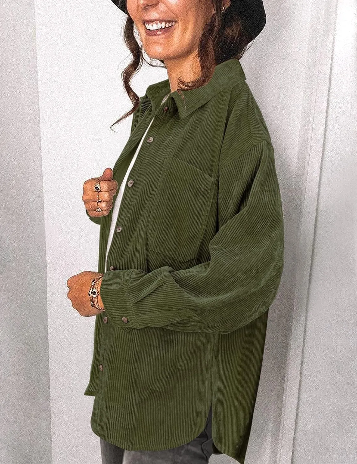 Saslax Womens Corduroy Shirt Long Sleeve Oversized Button Up V Neck Blouses Tops Loose Shacket Jacket
