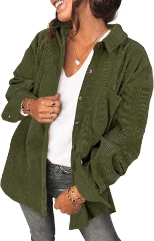 Saslax Womens Corduroy Shirt Long Sleeve Oversized Button Up V Neck Blouses Tops Loose Shacket Jacket