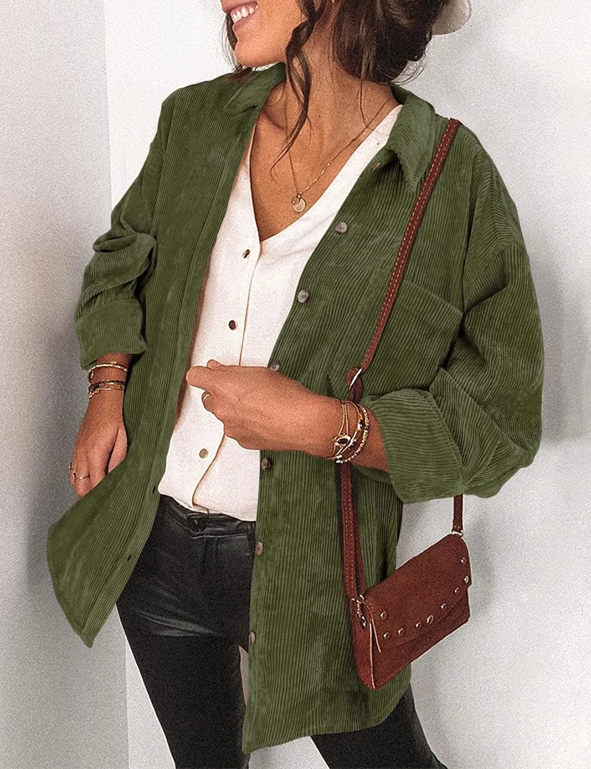 Saslax Womens Corduroy Shirt Long Sleeve Oversized Button Up V Neck Blouses Tops Loose Shacket Jacket