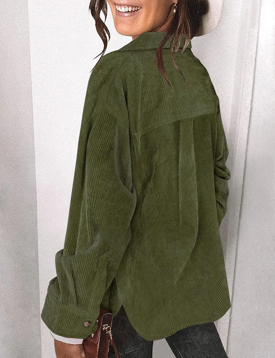 Saslax Womens Corduroy Shirt Long Sleeve Oversized Button Up V Neck Blouses Tops Loose Shacket Jacket