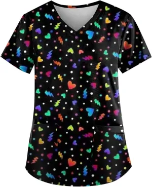 Scrubs for Women Casual Printed Work Uniform T-Shirt V Neck Short Sleeve Nurse Scrub Tunic Blouse with Pockets