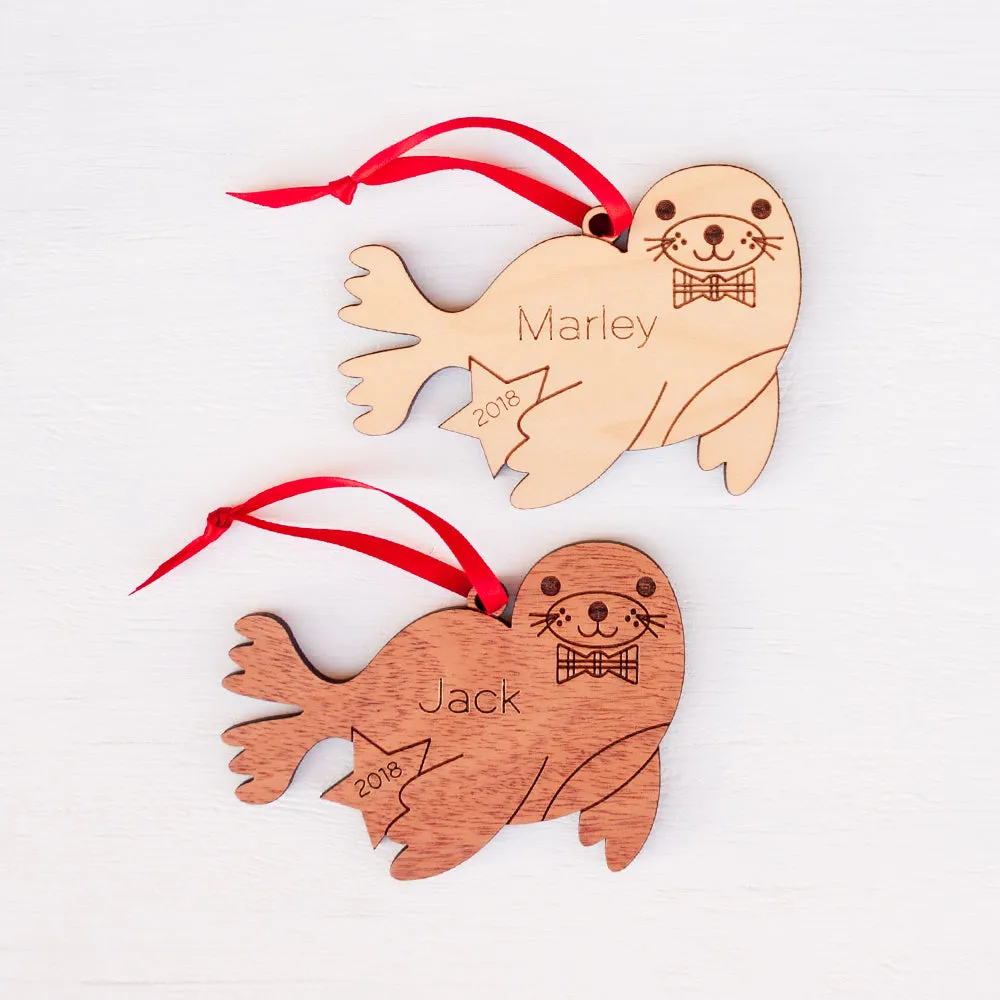 Seal Wooden Christmas Ornament - Personalized