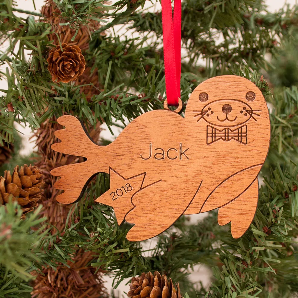 Seal Wooden Christmas Ornament - Personalized