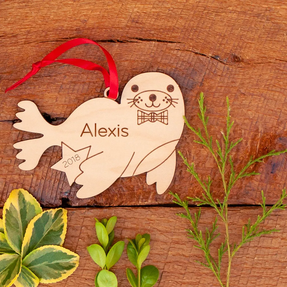 Seal Wooden Christmas Ornament - Personalized