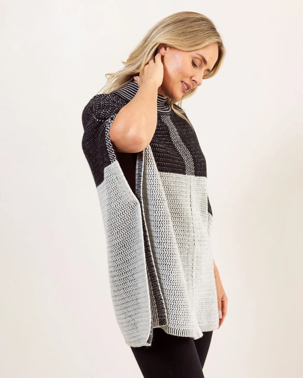 See Saw Australian Wool Jacquard Poncho in Black Silver White