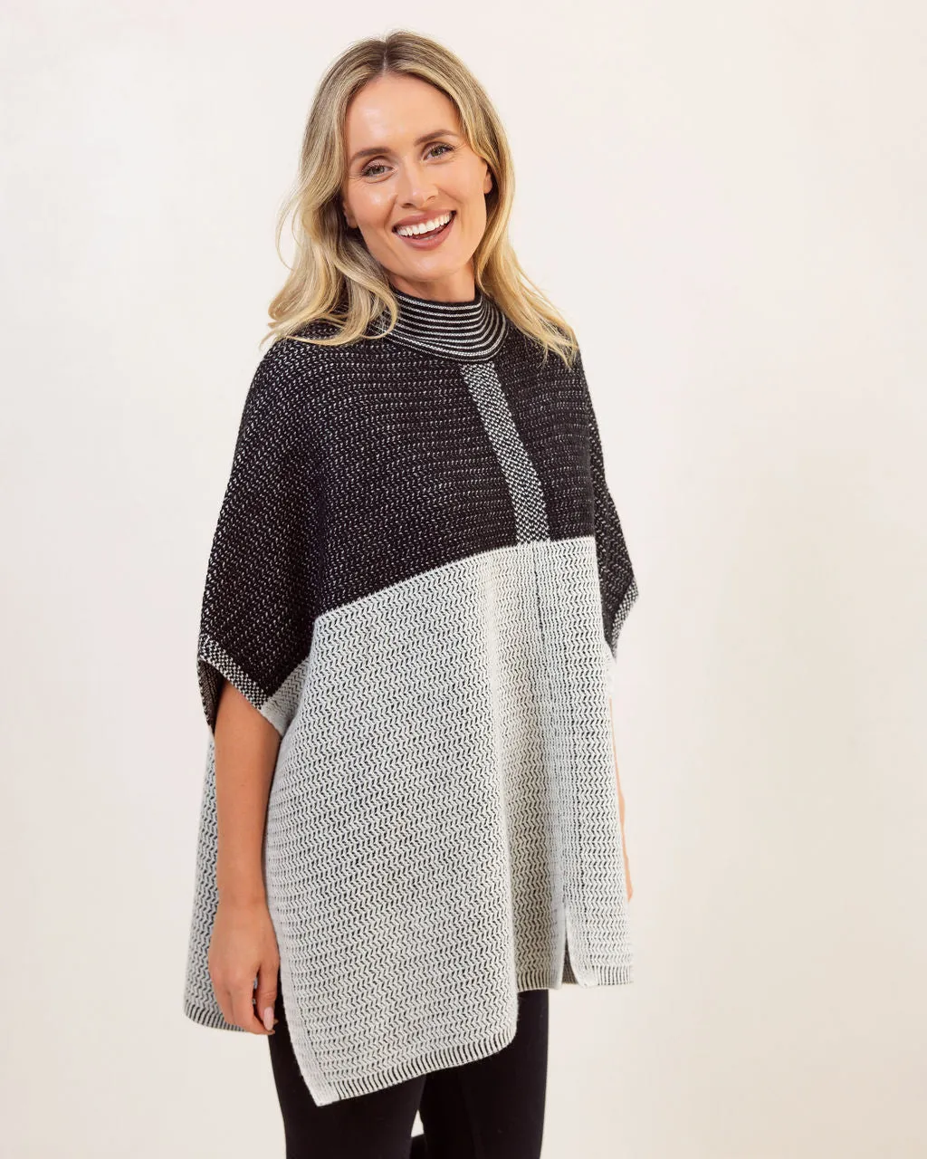 See Saw Australian Wool Jacquard Poncho in Black Silver White