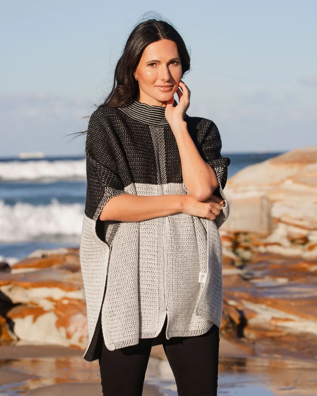 See Saw Australian Wool Jacquard Poncho in Black Silver White