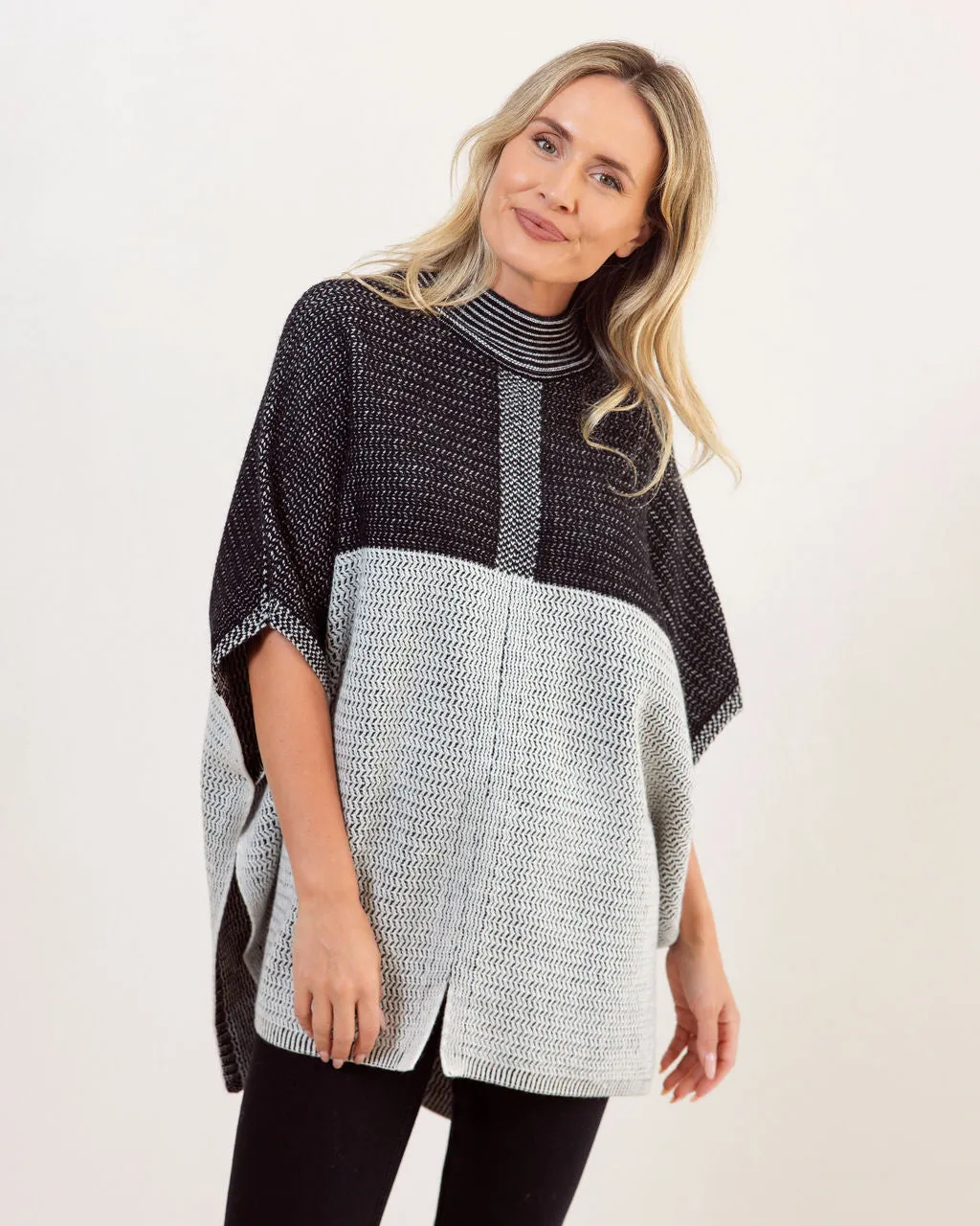 See Saw Australian Wool Jacquard Poncho in Black Silver White