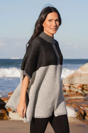 See Saw Australian Wool Jacquard Poncho in Black Silver White