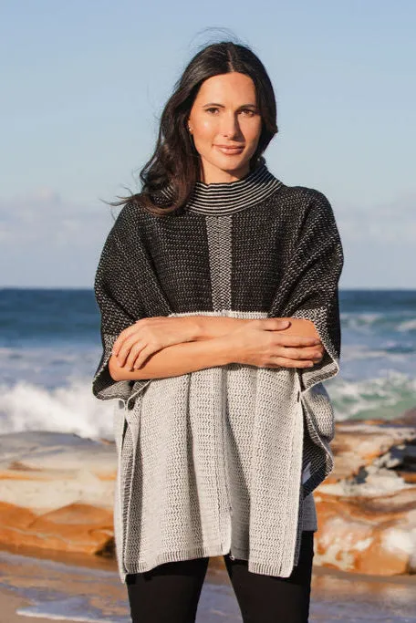 See Saw Australian Wool Jacquard Poncho in Black Silver White