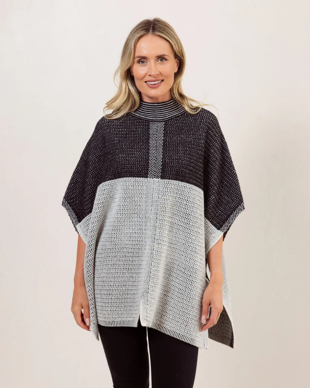 See Saw Australian Wool Jacquard Poncho in Black Silver White