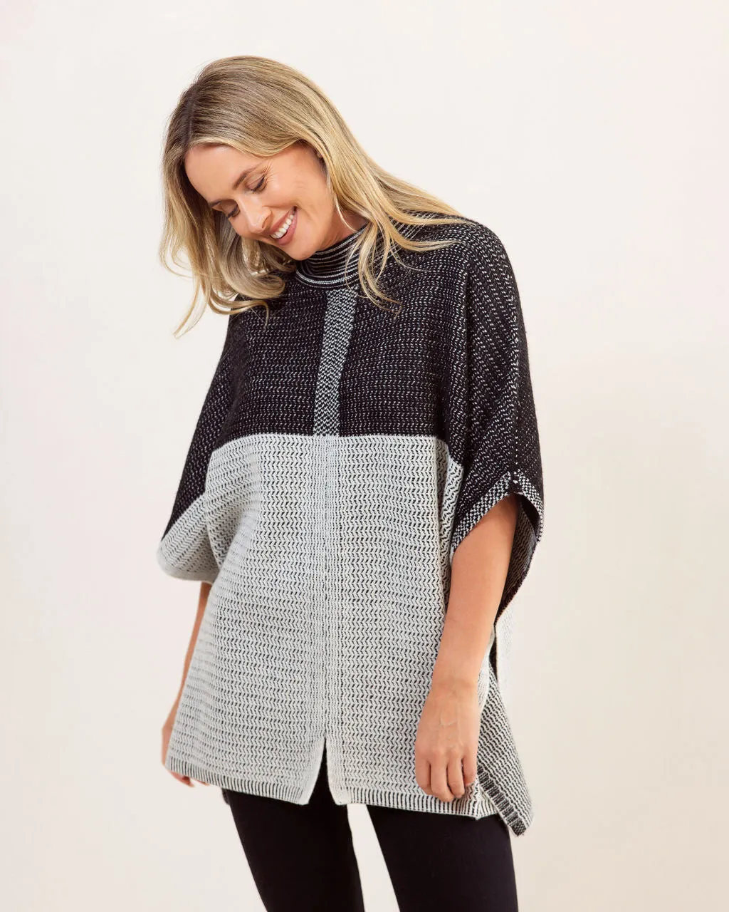 See Saw Australian Wool Jacquard Poncho in Black Silver White