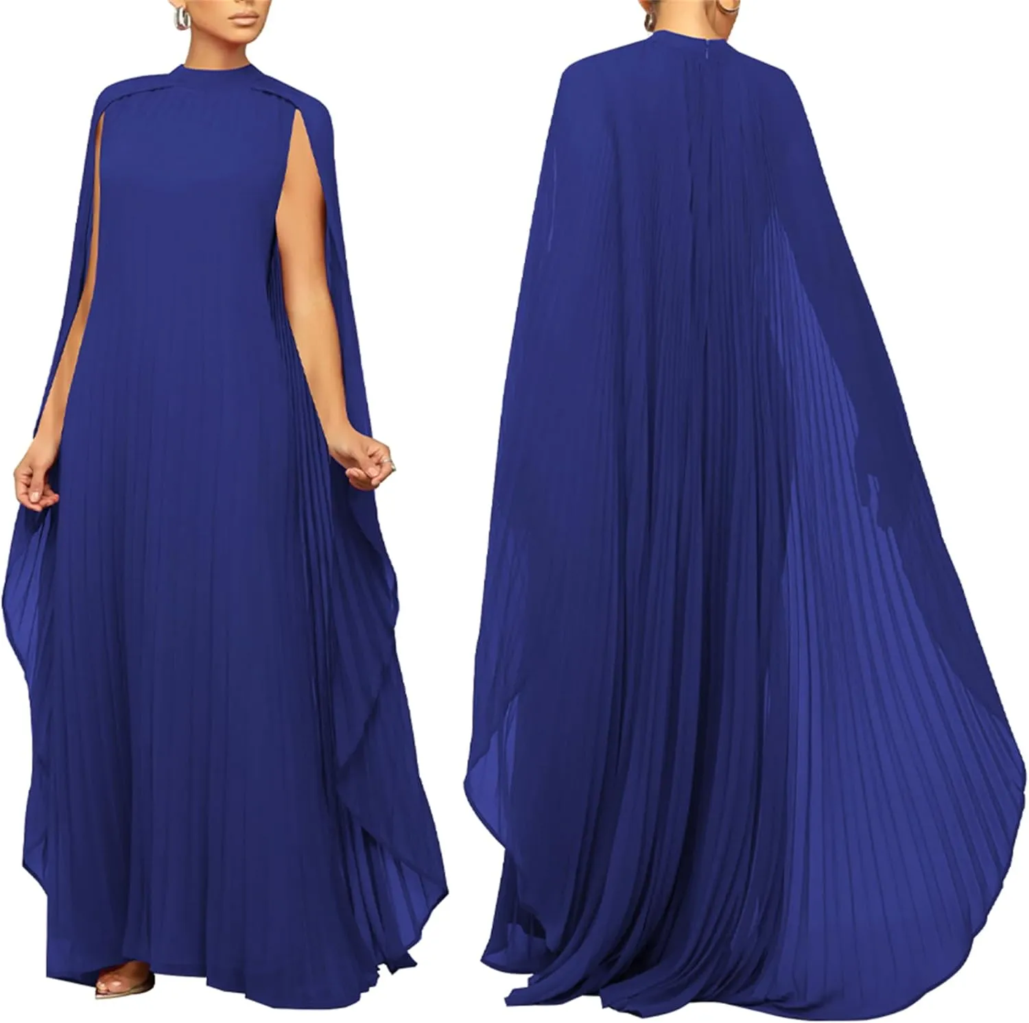 Seltaon Women's Chiffon Pleated Flowy Maxi Dresses Cape Sleeve Pleated Cocktail Evening Party Dress