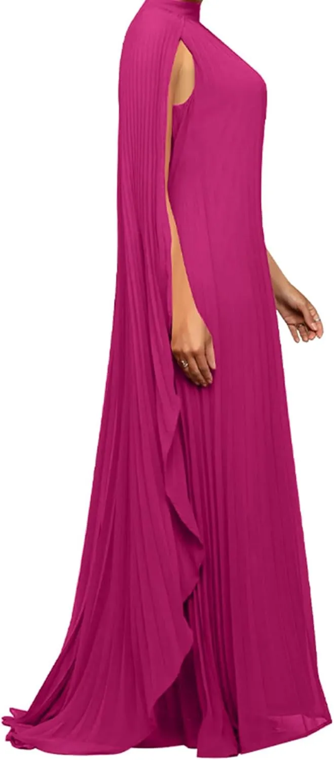 Seltaon Women's Chiffon Pleated Flowy Maxi Dresses Cape Sleeve Pleated Cocktail Evening Party Dress