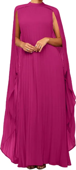 Seltaon Women's Chiffon Pleated Flowy Maxi Dresses Cape Sleeve Pleated Cocktail Evening Party Dress
