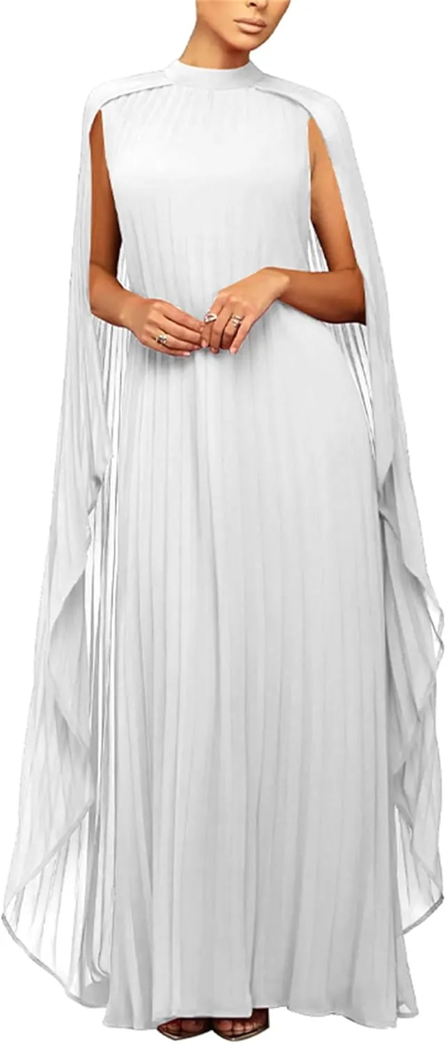 Seltaon Women's Chiffon Pleated Flowy Maxi Dresses Cape Sleeve Pleated Cocktail Evening Party Dress