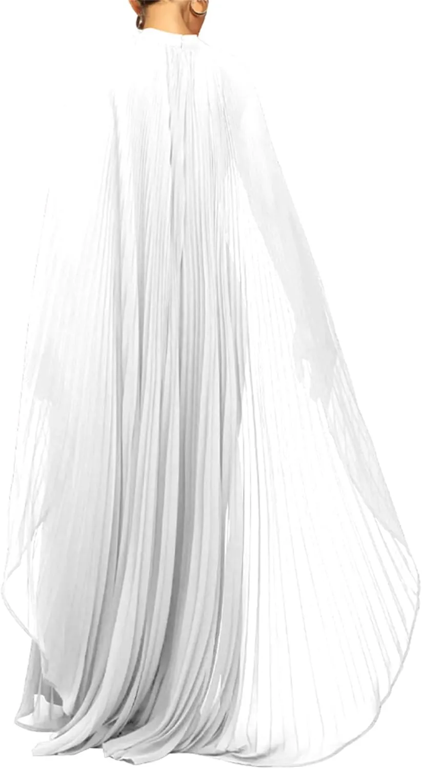 Seltaon Women's Chiffon Pleated Flowy Maxi Dresses Cape Sleeve Pleated Cocktail Evening Party Dress
