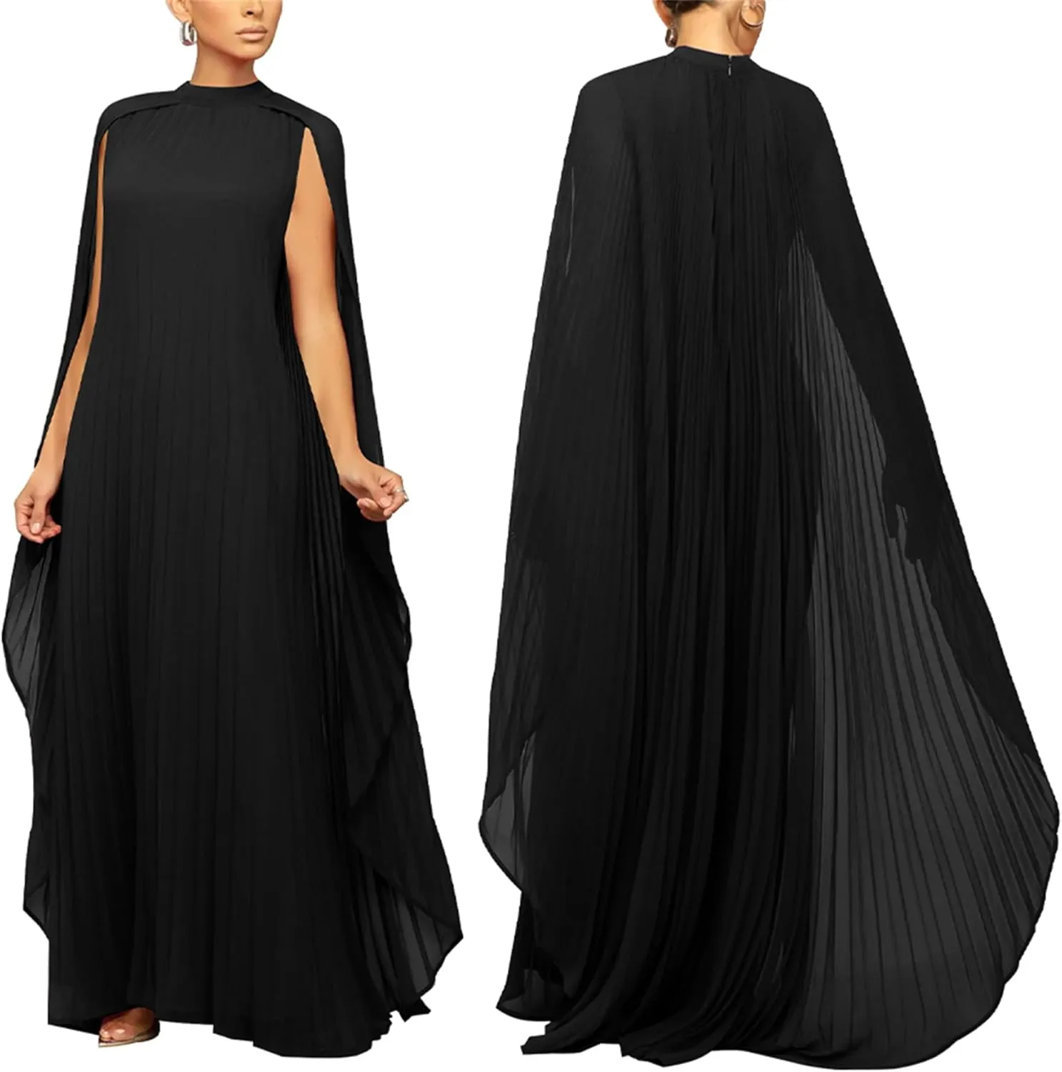 Seltaon Women's Chiffon Pleated Flowy Maxi Dresses Cape Sleeve Pleated Cocktail Evening Party Dress