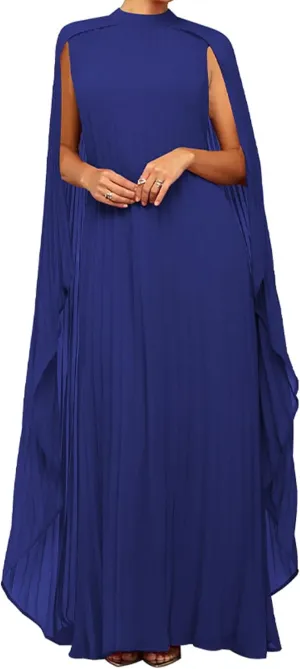 Seltaon Women's Chiffon Pleated Flowy Maxi Dresses Cape Sleeve Pleated Cocktail Evening Party Dress