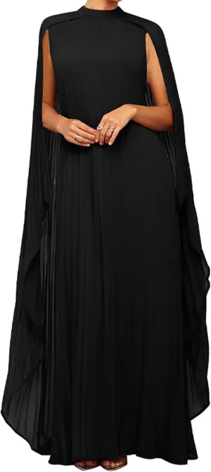 Seltaon Women's Chiffon Pleated Flowy Maxi Dresses Cape Sleeve Pleated Cocktail Evening Party Dress
