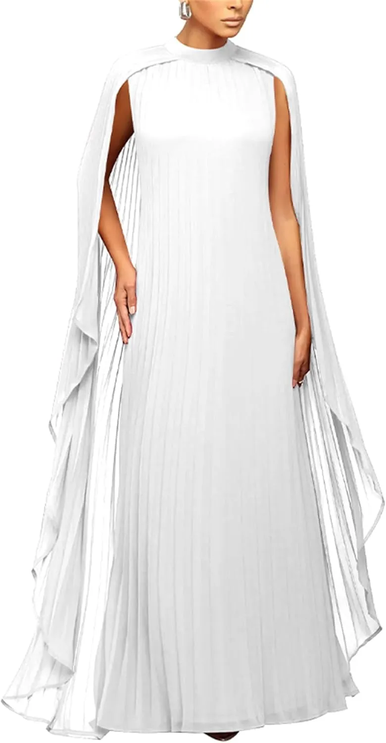 Seltaon Women's Chiffon Pleated Flowy Maxi Dresses Cape Sleeve Pleated Cocktail Evening Party Dress