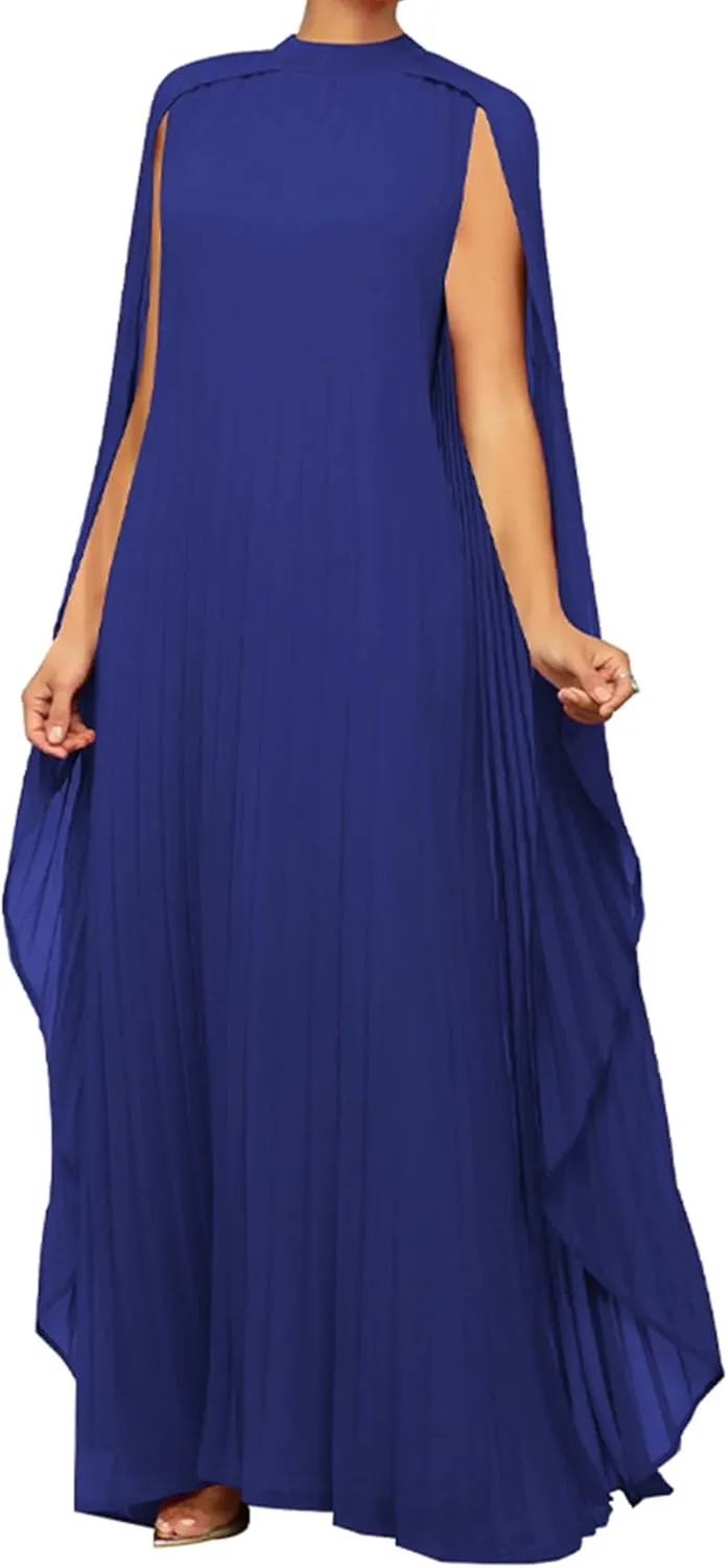 Seltaon Women's Chiffon Pleated Flowy Maxi Dresses Cape Sleeve Pleated Cocktail Evening Party Dress