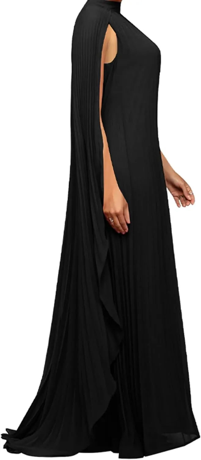 Seltaon Women's Chiffon Pleated Flowy Maxi Dresses Cape Sleeve Pleated Cocktail Evening Party Dress