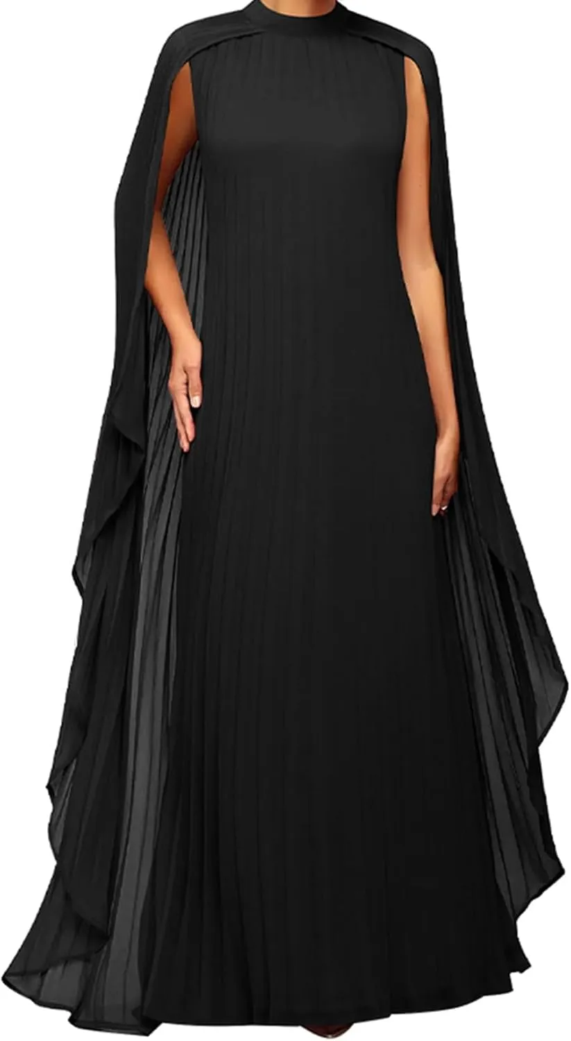 Seltaon Women's Chiffon Pleated Flowy Maxi Dresses Cape Sleeve Pleated Cocktail Evening Party Dress