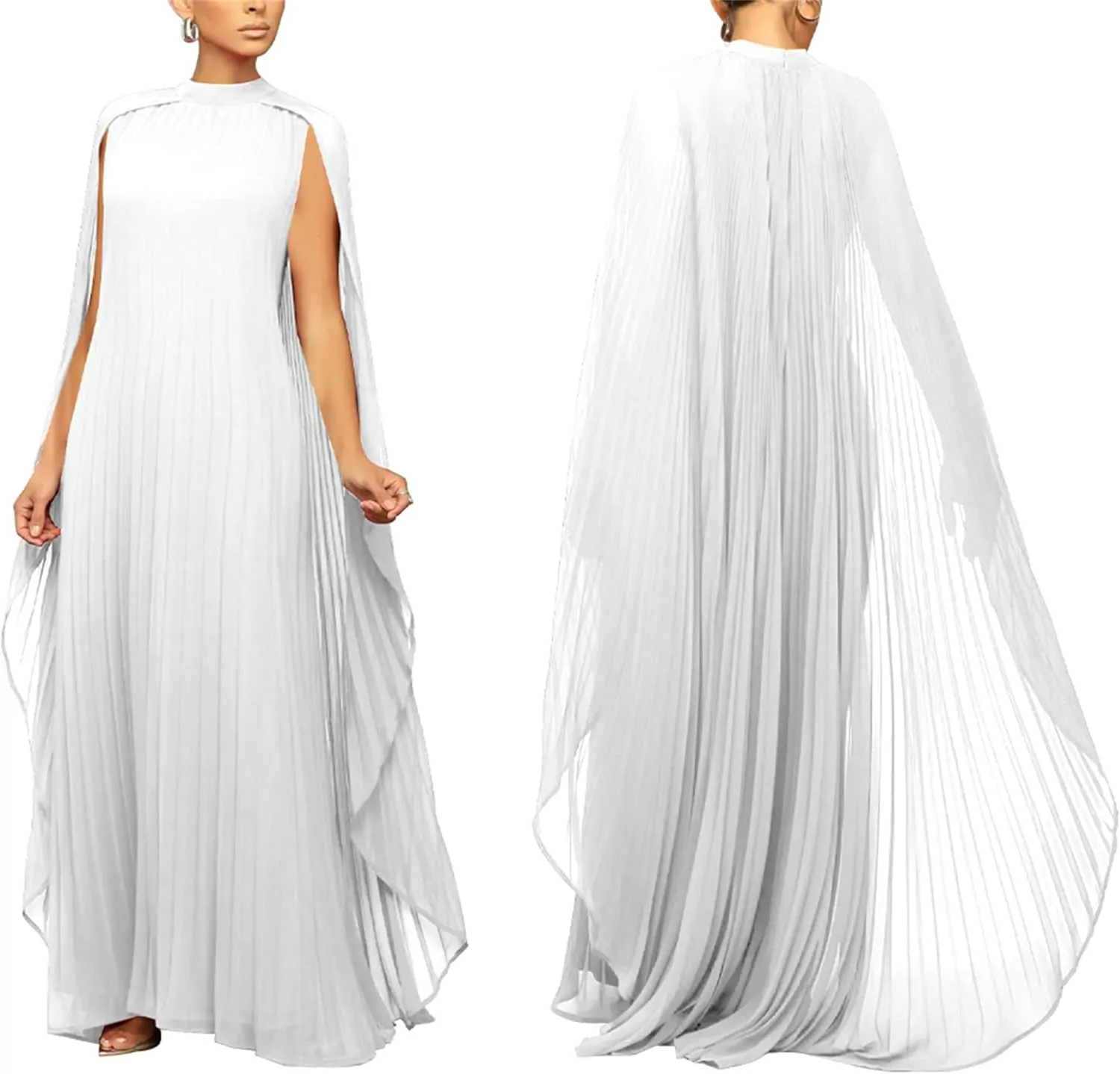 Seltaon Women's Chiffon Pleated Flowy Maxi Dresses Cape Sleeve Pleated Cocktail Evening Party Dress