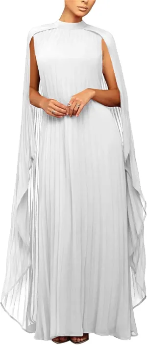 Seltaon Women's Chiffon Pleated Flowy Maxi Dresses Cape Sleeve Pleated Cocktail Evening Party Dress