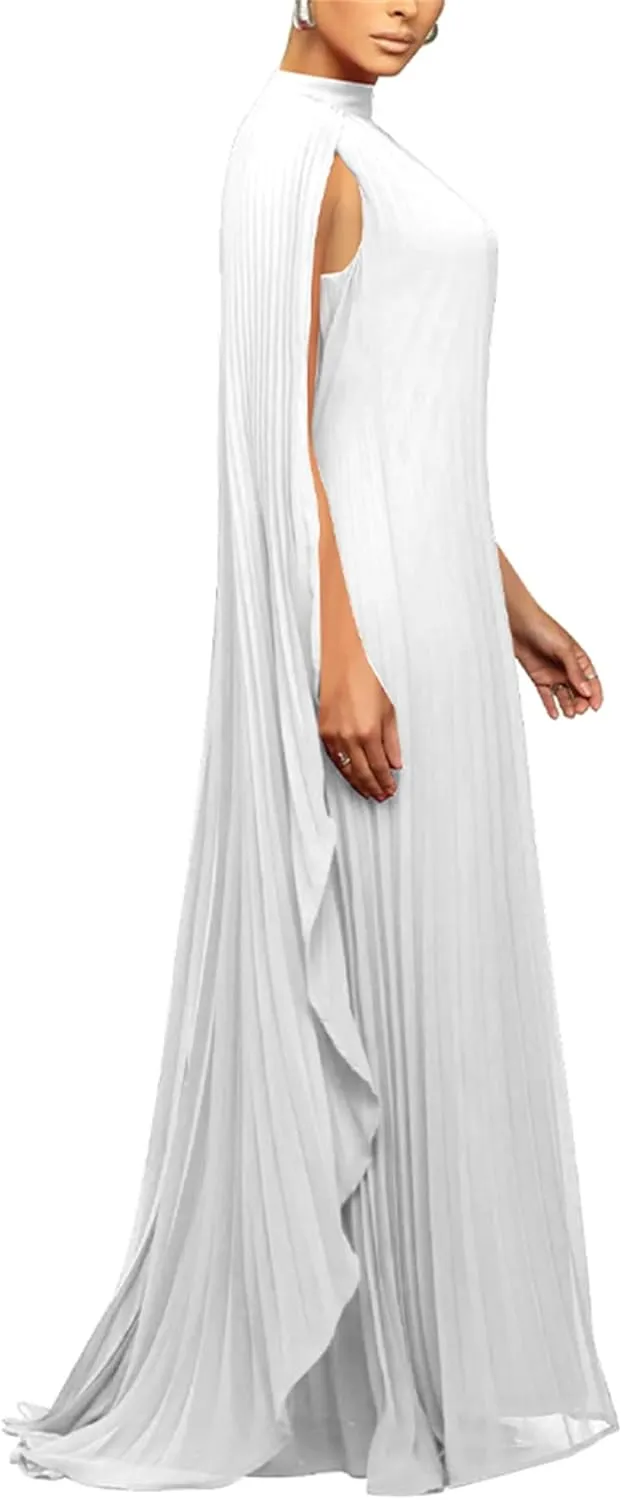 Seltaon Women's Chiffon Pleated Flowy Maxi Dresses Cape Sleeve Pleated Cocktail Evening Party Dress